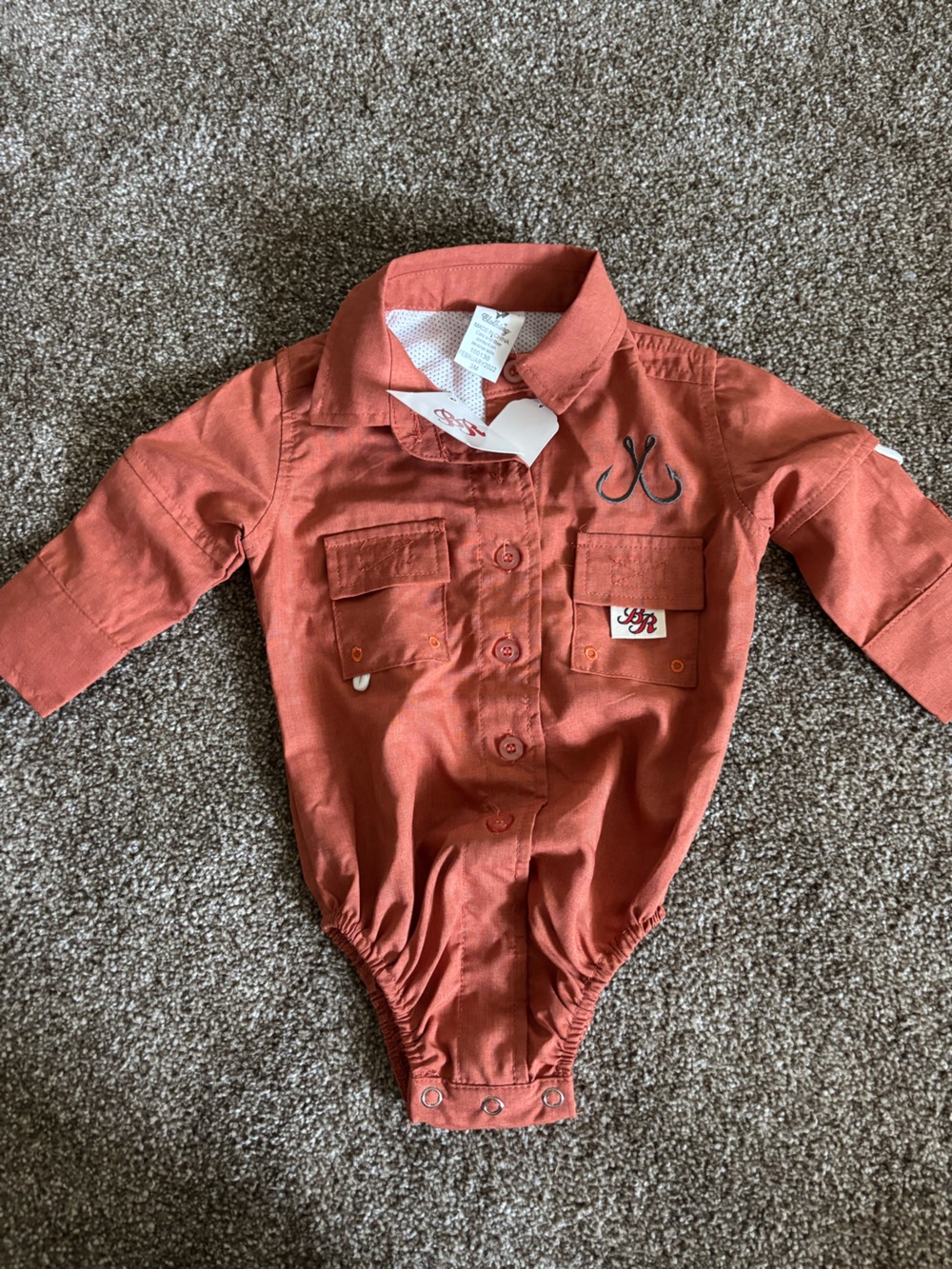 Rust Button-Front Long Sleeve One-Piece for Kids